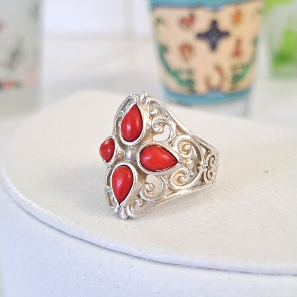 Vintage Coral Cluster Southwestern Filigree Sterling Ring by Artist Carolyn Poll - Picture 9 of 15
